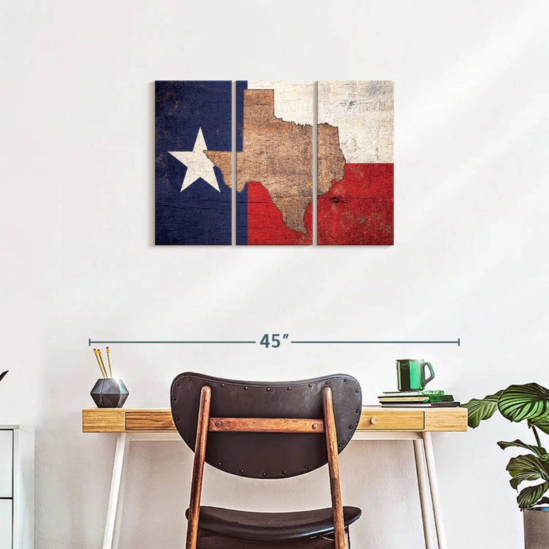 Carte d'État sur le drapeau du Texas, 3 pièces, H 20 po x l 33 po x P 1,25 po