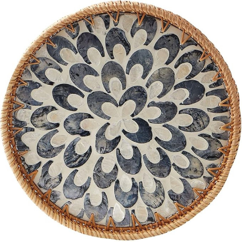 Round Rattan Tray With Mother Of Pearl Inlay, Rattan Serving Tray With Wooden Base, Decorative Wicker Basket For Table Decor, Storage And Display Of Coffee Bread Food Fruit (Plume)