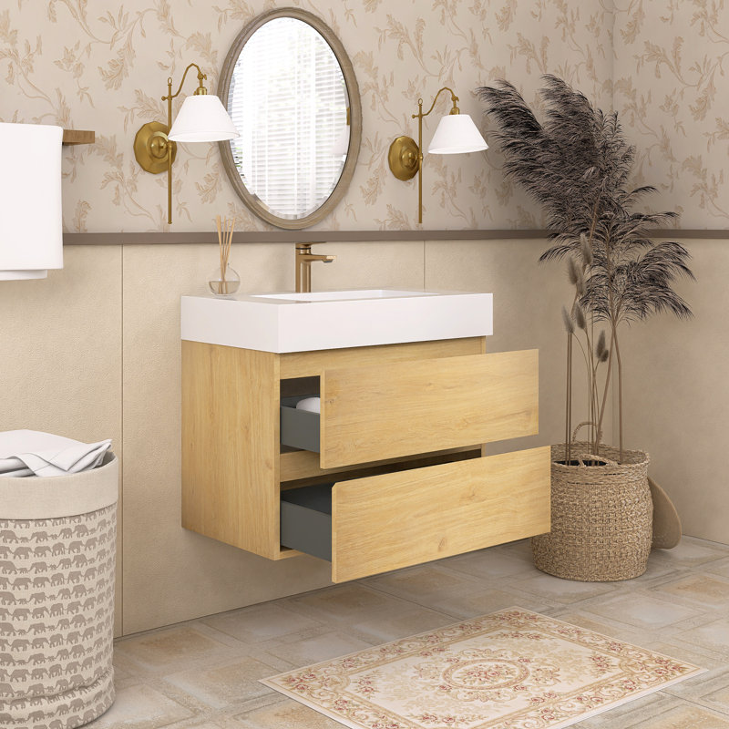 Siglind 29.9 " W Wall Mounted Wall Mounted 1 Single Vanity Bathroom Vanity With Solid Surface Top, White, Oak