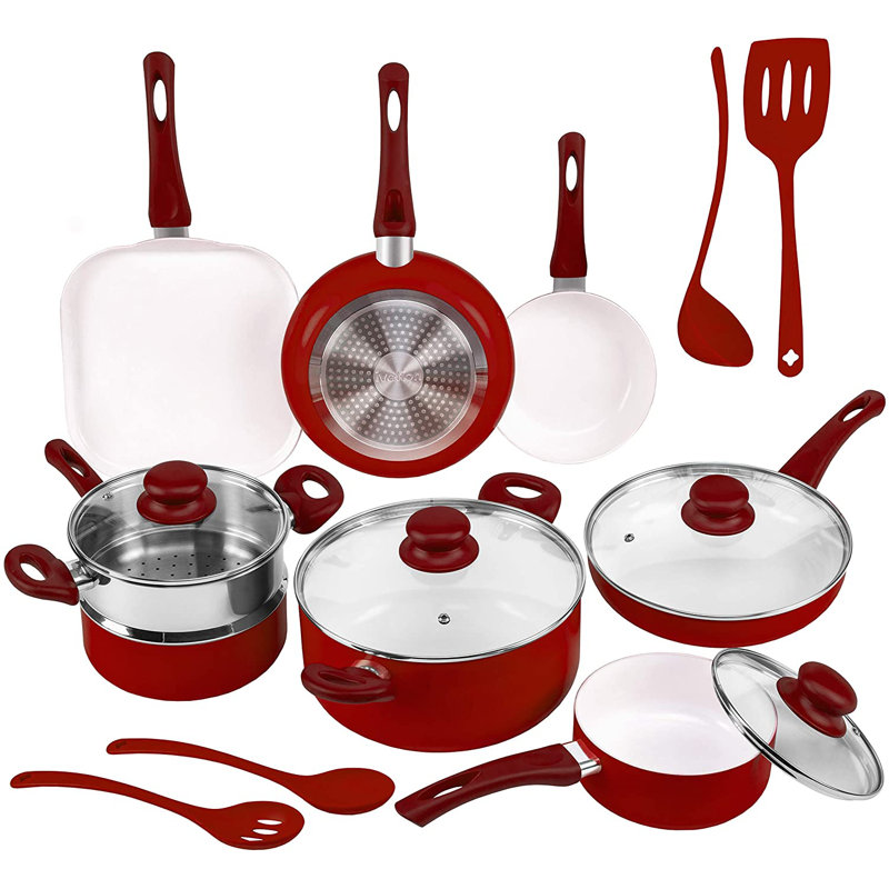 Batterie de cuisine en céramique antiadhésive 16 pièces Ivation, Rouge