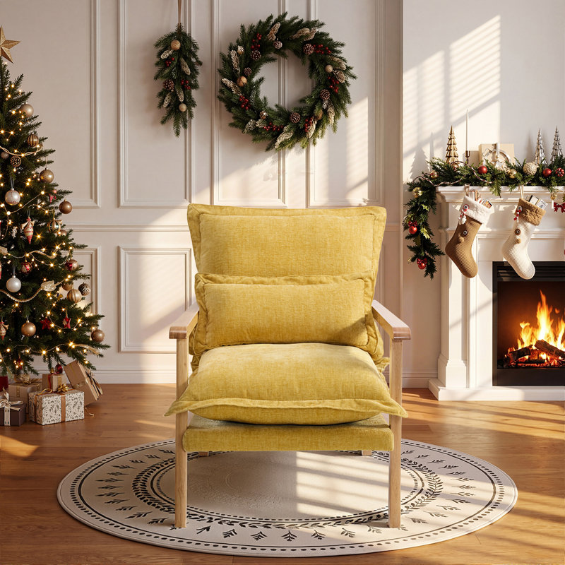 Chenille Accent Chair Armchair With Pillow, Yellow, Natural Wood