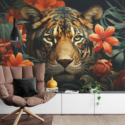 Murale de portrait de tigre majestueux, papier peint de la faune de la jungle tropicale pour la décoration intérieure, art mural animal botanique foncé