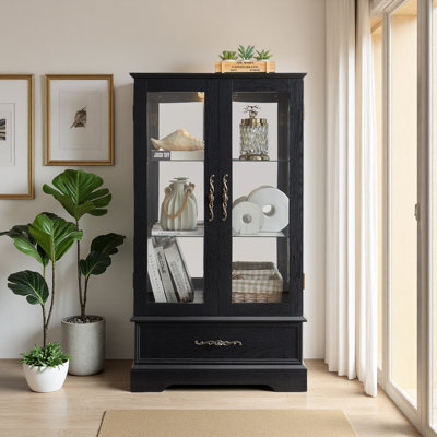 Lighted Glass Curio Cabinet With Adjustable Shelves - Elegant 2-Door Display Cabinet & Built-In Drawer, Includes Bulb