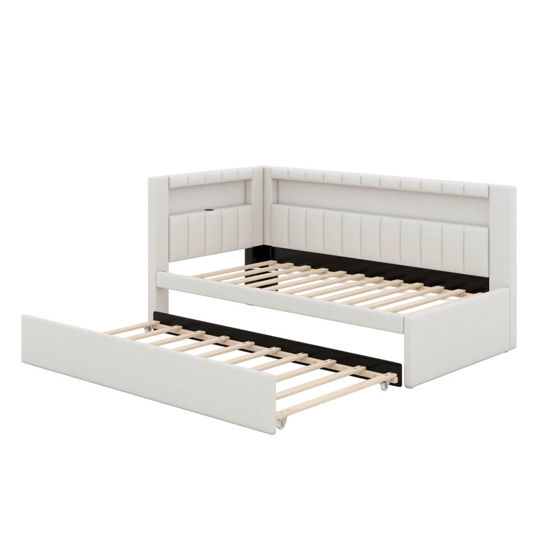 Lit plateforme tapissier simple avec ports USB et ceinture à DEL, structure de lit de jour souple avec lit gigogne, canapé de jour