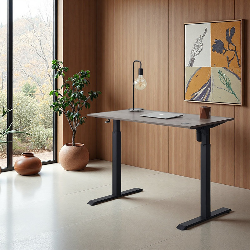 Jeetram Adjustable Metal Base Standing Desk, Gray Oak/Black