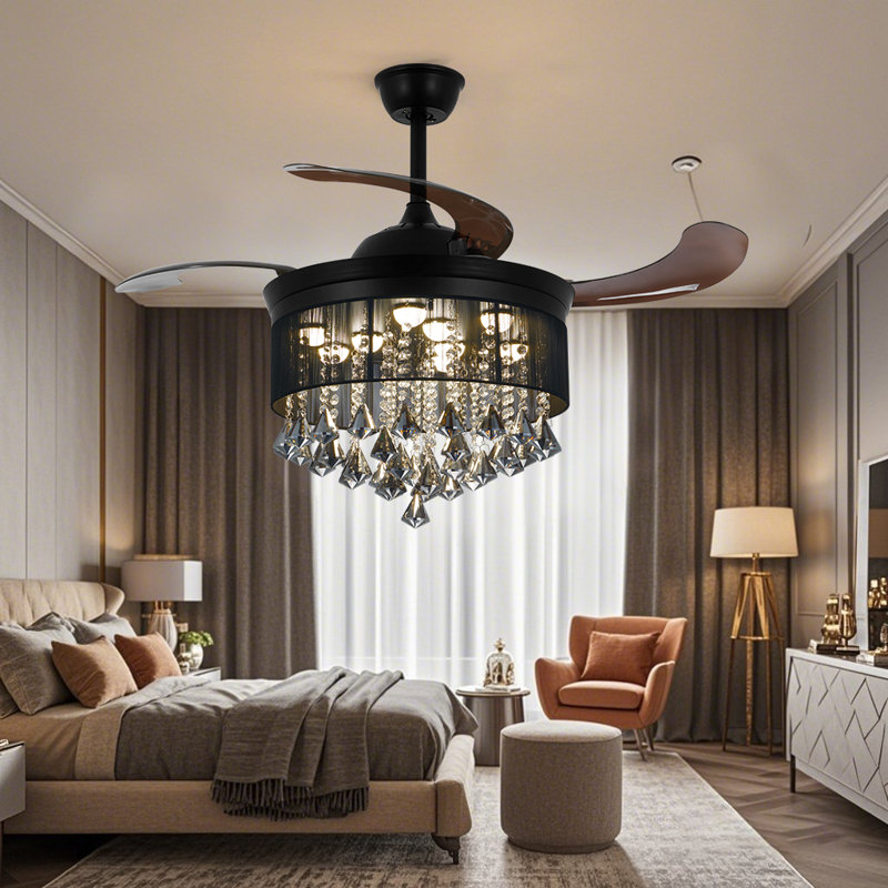 Ventilateur invisible de 42 pouces à six vitesses avec variateur de lumière en cristal noir