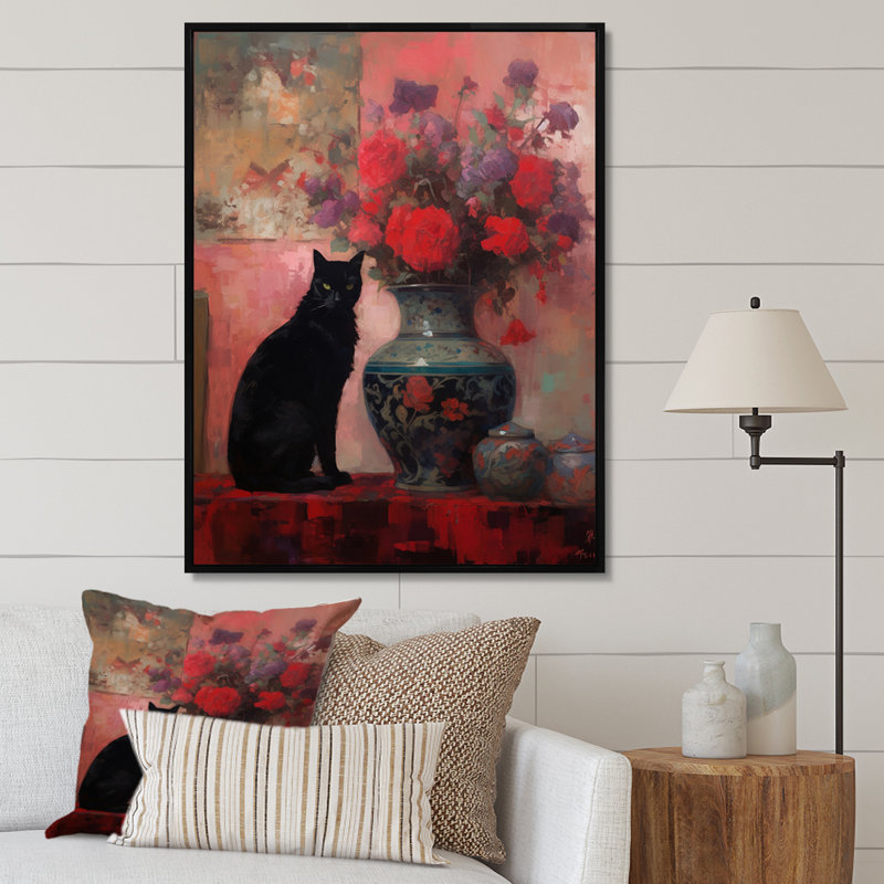 Peinture d'un chat noir avec vase rouge, H 32 po x l 24 po x P 1 po, Cadre flottant noir