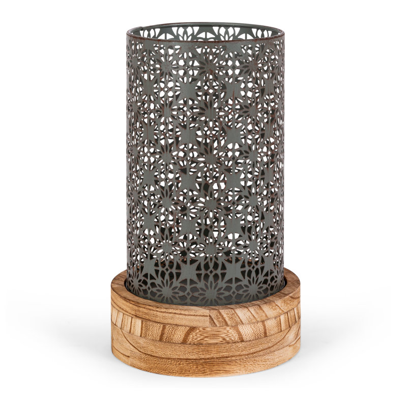12.2 in H Metal Rustic Brown Cylinder Lantern with Wooden Base