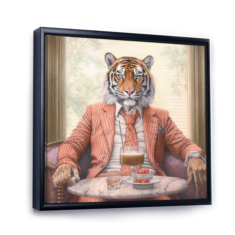Tigre ayant une boisson I - Animal ayant une boisson, impression sur toile, H 16 po x l 16 po x P 1 po, Cadre flottant noir