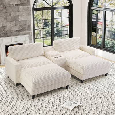 112.5 '' Wide U-Shaped Modular Comfy Cloud Upholstered Corduroy Sectional Loveseat with Ottomans, Center Console &  Cup Holders