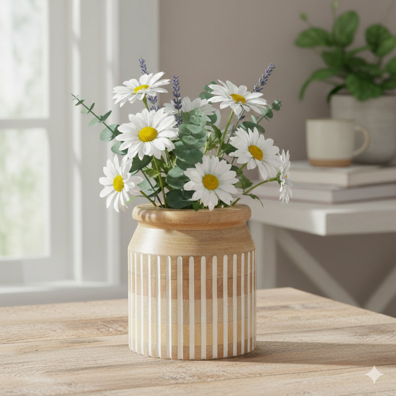  Vase en bois | Décoration artisanale artisanale | Bois naturel élégant | 8,3 x 9 po, H 9 po x l 8,25 po x P 8,25 po