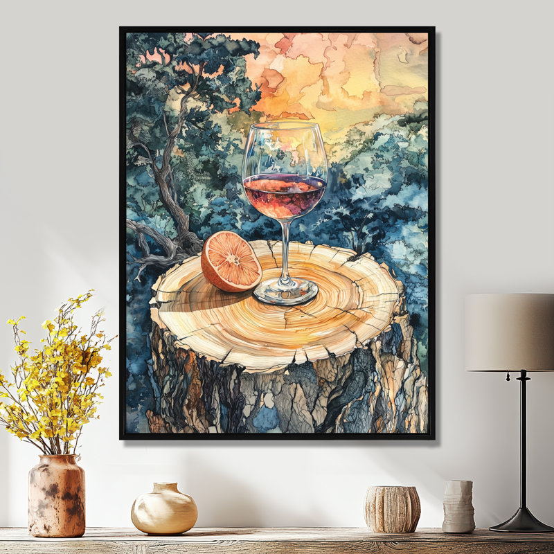 Gillyard pamplemousse avec verre de vin dans un vignoble - Décoration murale vignoble, H 20 po x l 12 po, Noir