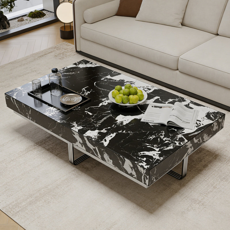 Table basse moderne moderne en ardoise avec plateau, Noir / blanc, H 13,77 po x L 55,11 po x l 31,49 po