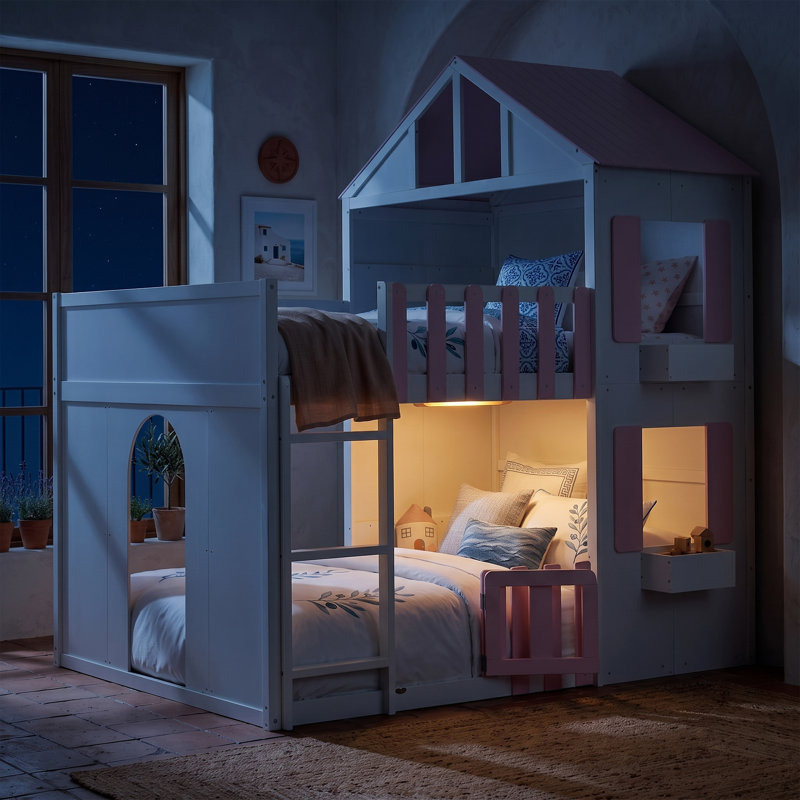 Lit superposé en bois avec tablettes, fenêtres et garde-corps, Double sur double, Rose