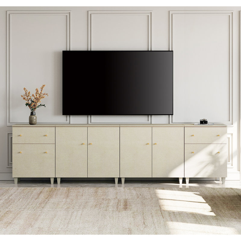 Meuble télé pour téléviseur de 100 pouces et plus, console multimédia 4 en 1 avec portes et tiroirs, Bois beige