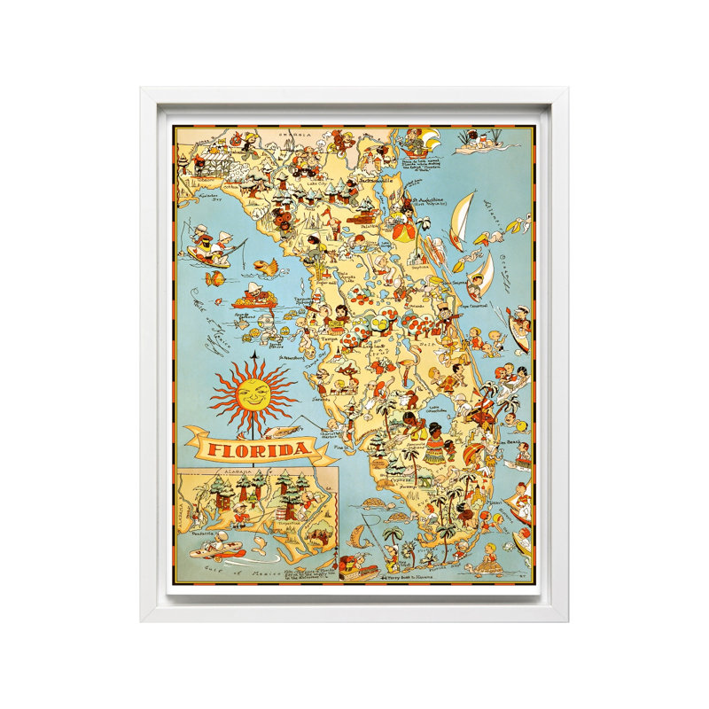 Carte illustrée de la Floride, Canevas, Encadrement blanc, H 08 po x l 10 po