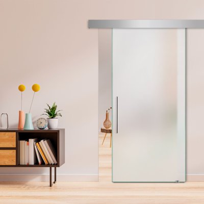 40 In W x 80 In H Durable Sliding Glass Door, Tempered Glass with Privacy Sandblasted Finish and Aluminum Cover