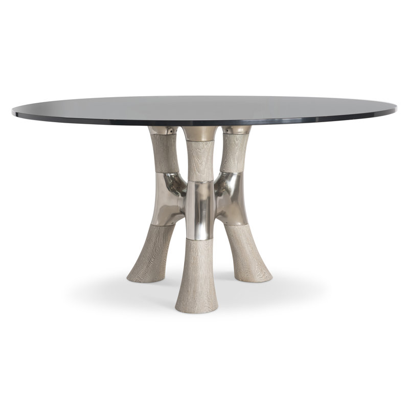 Dalton Round Glass Top Dining Table with Textured Wood Base