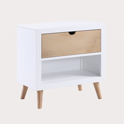 White And Natural Finish Drawer And Open Shelf Nightstand Bedroom Furniture 1Pc