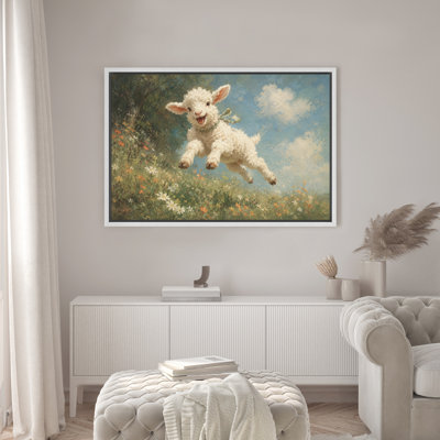 Jumping Baby Lamb Meadow Framed Canvas Master Bedroom Wall Art Work Print