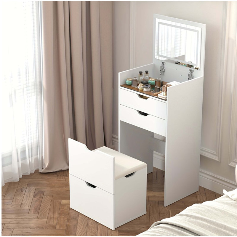 3-In-1 Multifunctional Dressing Table Set With Three-Color Lighting, HD Mirror, Sliding Drawers, And Hidden Storage Stool