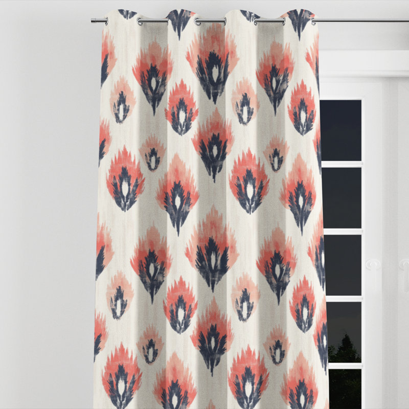 French Country Room Darkening Curtains - Red Garden Ikat Grommet Curtain - 1 Panel, 52" W x 108" L, Silver Grommets