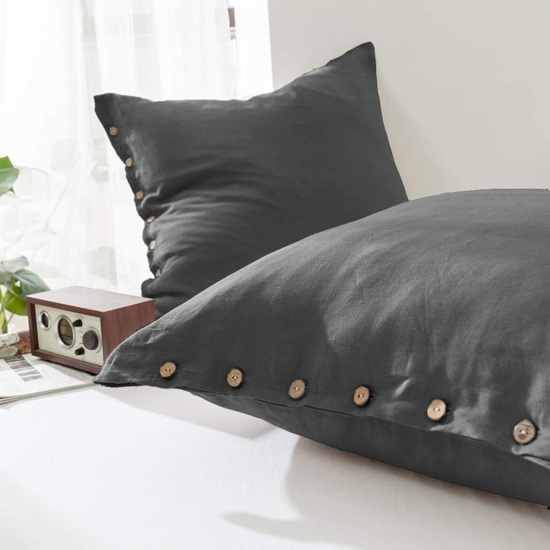 100% Washed Linen Euro Sham Cover, 26 X 26 Inch-Set Of 2, Charcoal Gray