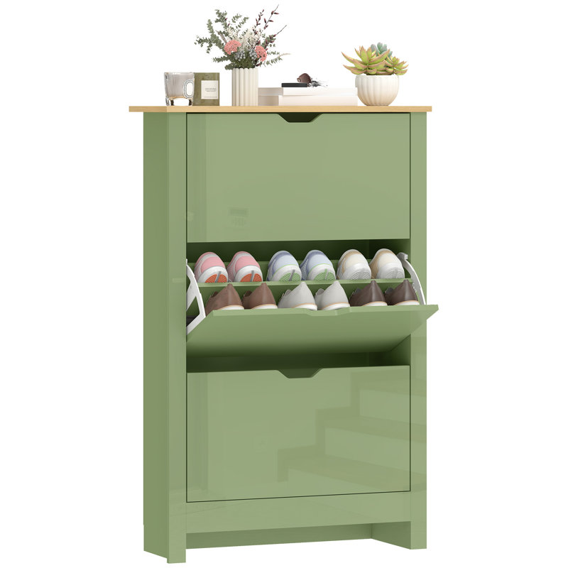 18 Pair Shoe Storage Cabinet, Green/Natural Wood