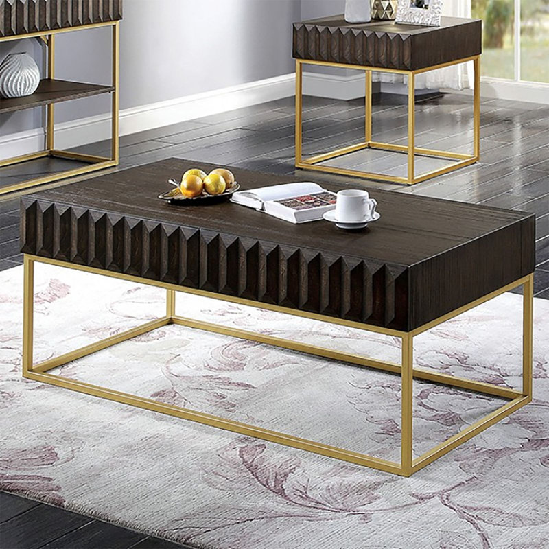 Walnut and Gold Rectangular Coffee Table with Storage