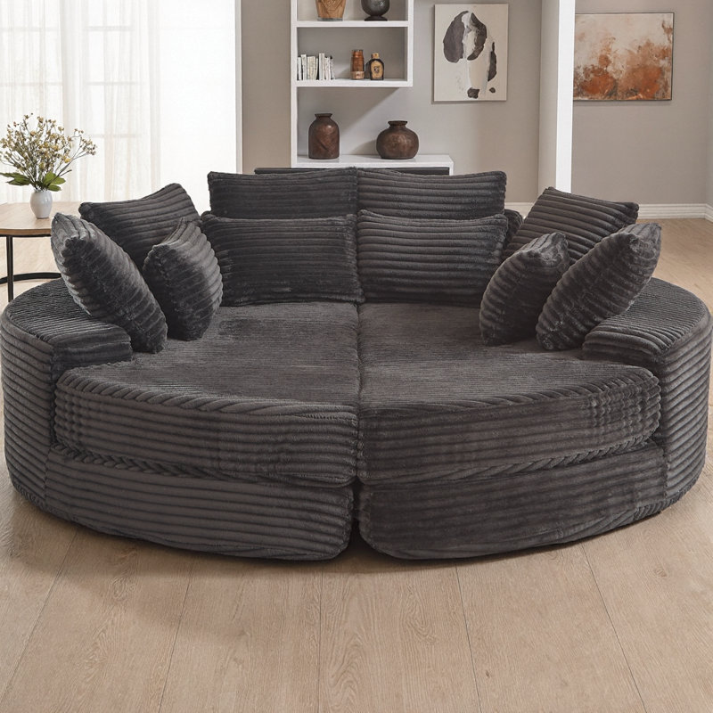 Fauteuil inclinable rond en velours côtelé de 78,5 pouces, convertible en deux fauteuils inclinables séparés ou un canapé-lit, comprend un coussin pour le cou et cinq coussins décoratifs, aucune méridienne à assembler requise