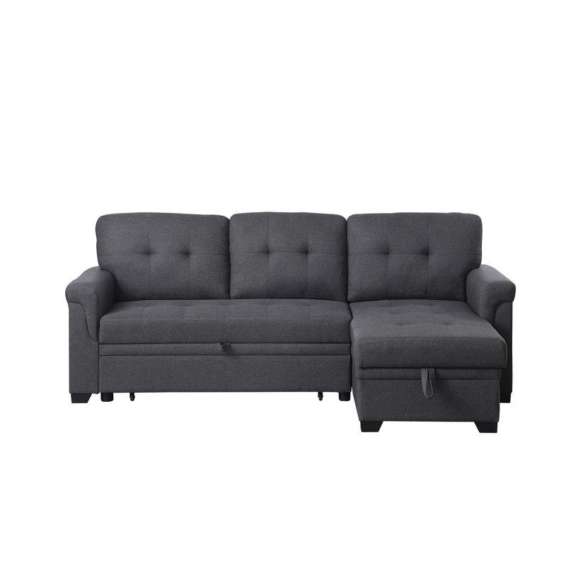 Lucca 84" Dark Gray Linen Reversible Sleeper Sectional Sofa With Storage Chaise, Dark Gray Linen