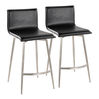 Tabouret de comptoir rembourré à hauteur fixe de 26 po avec pivot en acier inoxydable et similicuir noir - ensemble de 2