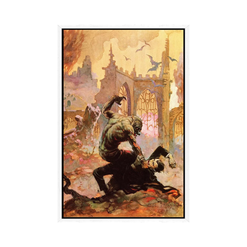 Dracula Vs Wolfman by Frank Frazetta - Print on Canvas, White Framed Canvas, 66.04 cm H x 45.72 cm W