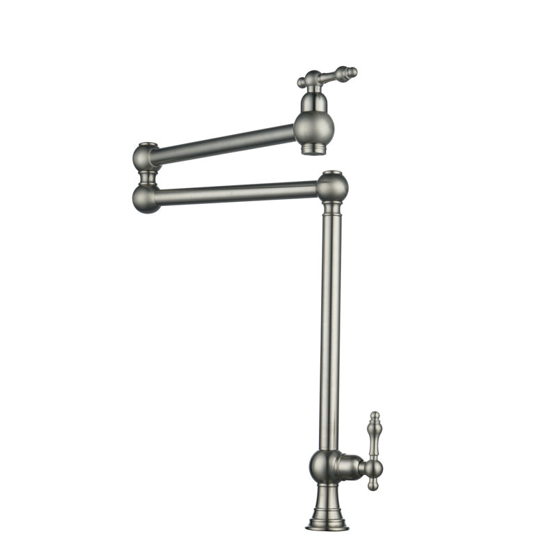 Deck Mounted Pot Filler With Double Handle Swing Folding Faucet In Solid Brass, Brushed Nickel