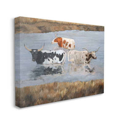 Cattle Bathing Country Riverbank by Kathy Winkler - Wrapped Canvas Painting -  August Grove®, DDE7982EA12447FDB9F62F7277657E68
