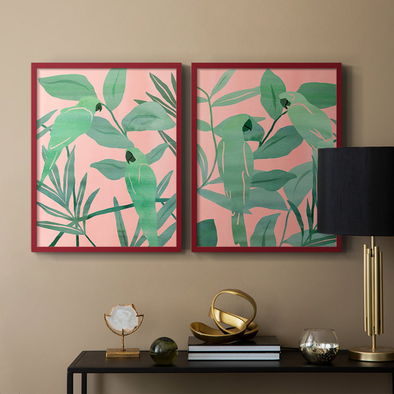 Oiseaux de paradis rose et vert, reproduction encadrée de qualité supérieure - prête à être accrochée - aucun clou requis - aucun clou requis
