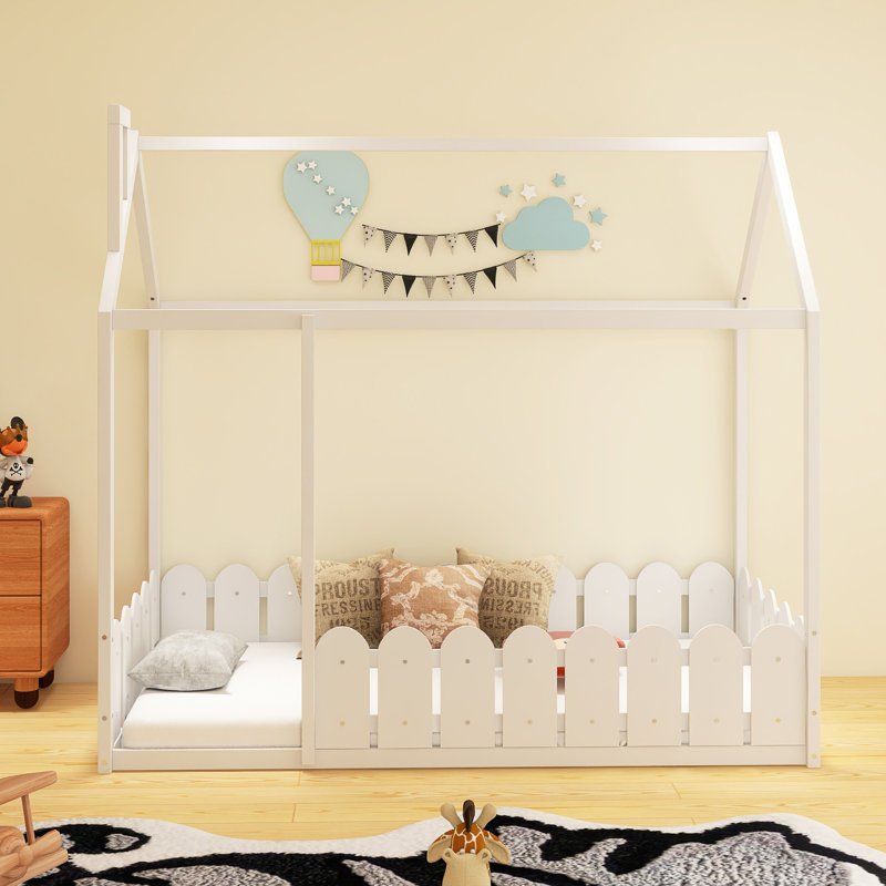 Cadre de lit en bois avec clôture, Lit simple, Blanc