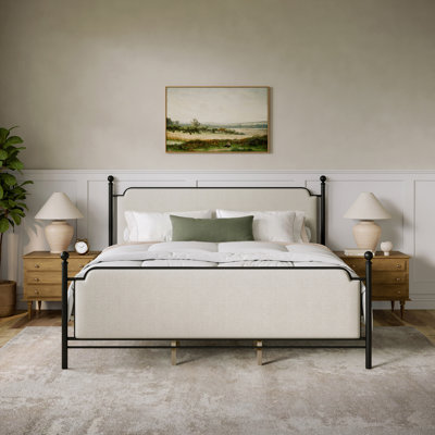 Jarin Metal And Upholstered Complete Queen Platform Bed, Matte Black With Natural Fabric