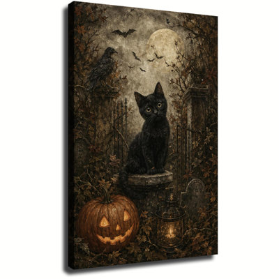 Chat noir sur pierre tombale avec lanterne citrouille et pleine lune, art mural gothique d'Halloween sur toile