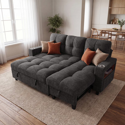 83'' Modular Chenille Sleeper Sectional Sofa with Reversible Chaise, Storage Arm, and Charging Ports, Dark Gray