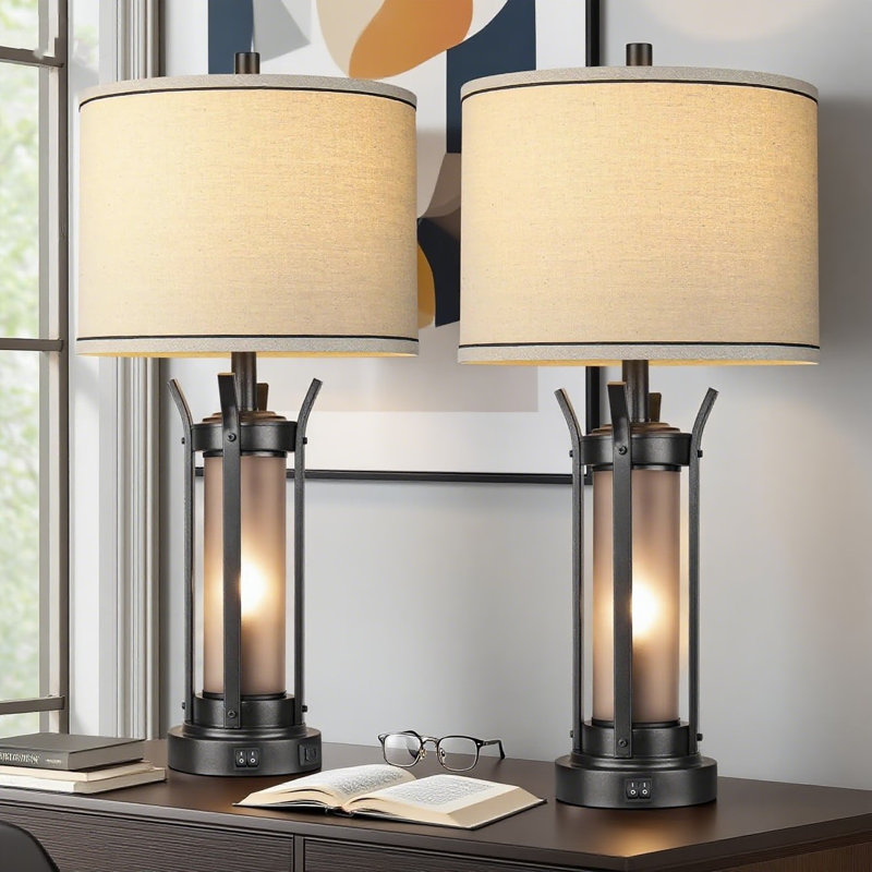 Farmhouse Table Lamps Set Of 2 With USB A+C Charging Ports, Industrial Bedside Lamp For Bedroom Living Room, Rustic Nightstand Lamp With Frosted Glass Night Light And Included LED Bulbs