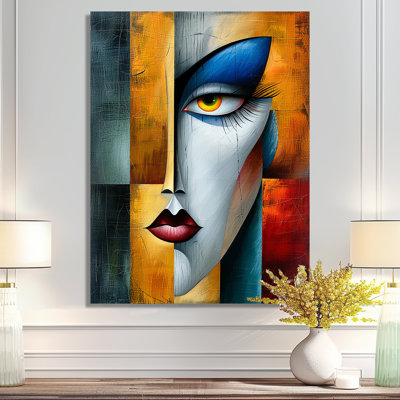 Essentiel, orange, bleu, géométrique, portrait, moderne, femme, art mural, salon