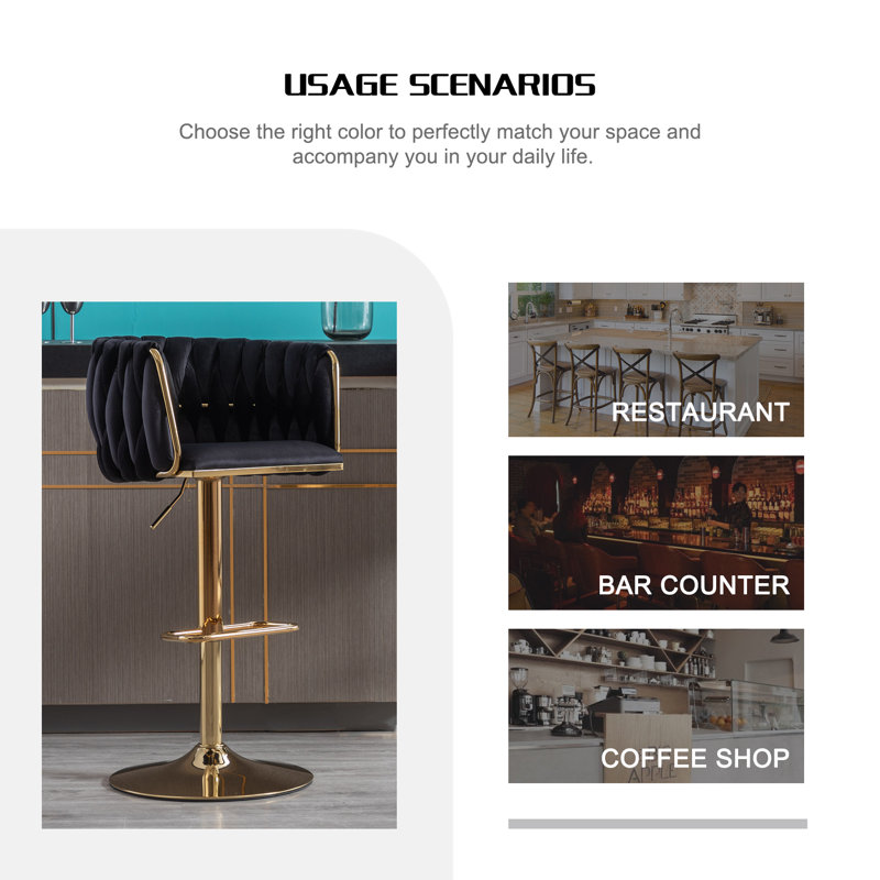 Luxury Velvet Bar Stools with Gold Metal Base, Adjustable Height Swivel Bar Chairs with Armrests for Kitchen Island, Bar, Modern Home Decor(Black)（Set of 2）