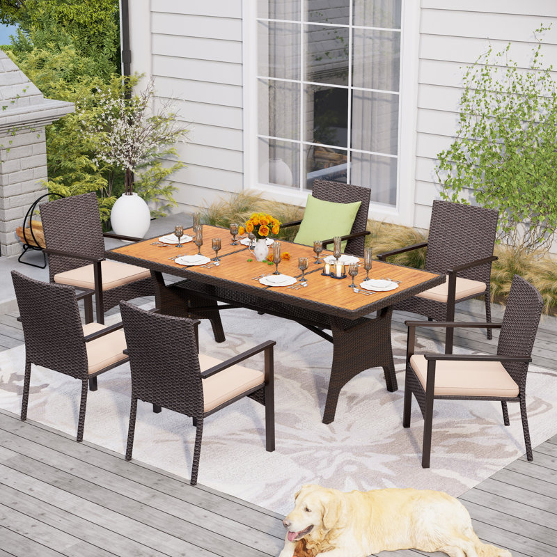 6 - Person Wicker Patio Dining Set With Rectangular Table , Cushions Included, Beige, 6