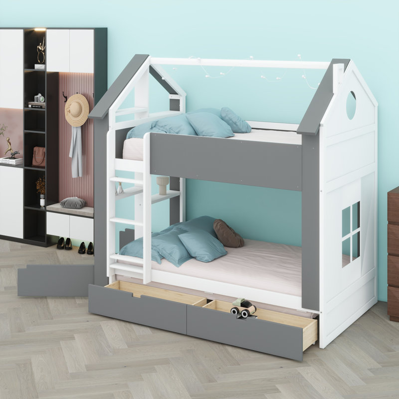 Lit de maison moderne avec tiroirs de rangement, tablettes et conception compacte, Blanc + gris