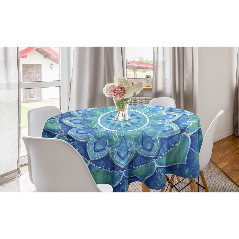 Ambesonne Mandala Round Tablecloth, Hand Drawn Style Grungy Modern Art Design Blossoming Flower Modern Artwork, Circle Table Cloth Cover For Dining Room Kitchen Decoration, 60", Pale Blue White