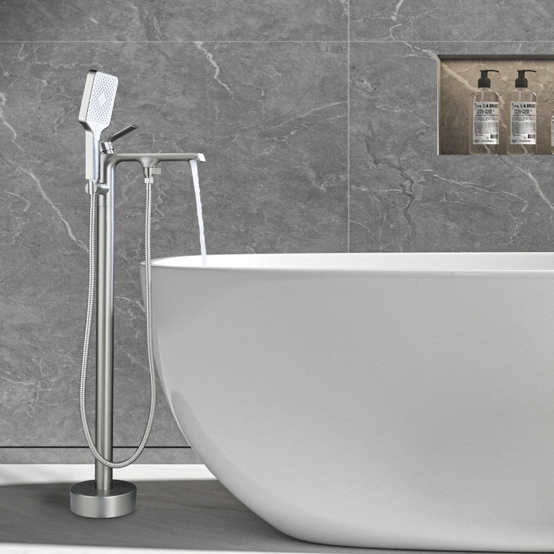 Single Handle Floor Mounted Freestanding Tub Filler Faucet with Handshower, Brushed Nickel