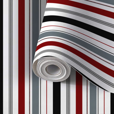 Peel and Stick Wallpaper Contact Paper Stripe seamless black red white grey vertical parallel colors stripe Self Adhesive and Removable 24in x 118in(60x300cm)