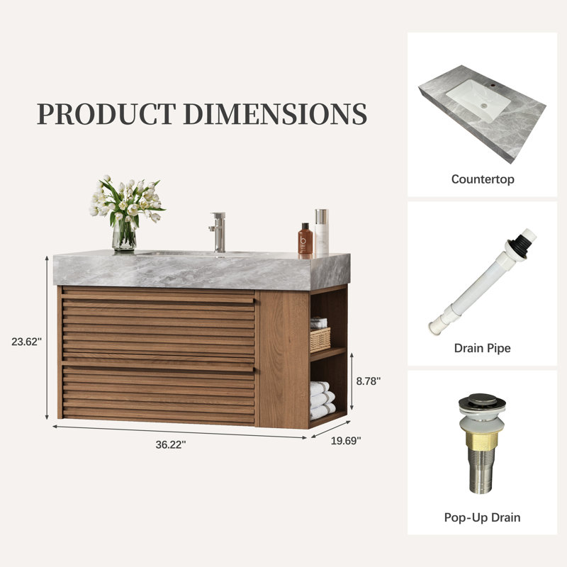 Meuble-lavabo moderne simple 36 po avec plateau en marbre 36 po, Bois foncé
