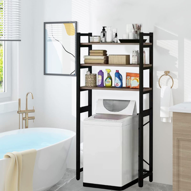 Over-The-Toilet Storage, 3-Tier Bathroom Organizer Over Toilet With Adjustable Shelves, Hooks, Bamboo, Freestanding Space Saver Bathroom Shelves, Rustic Brown And Ink Black
